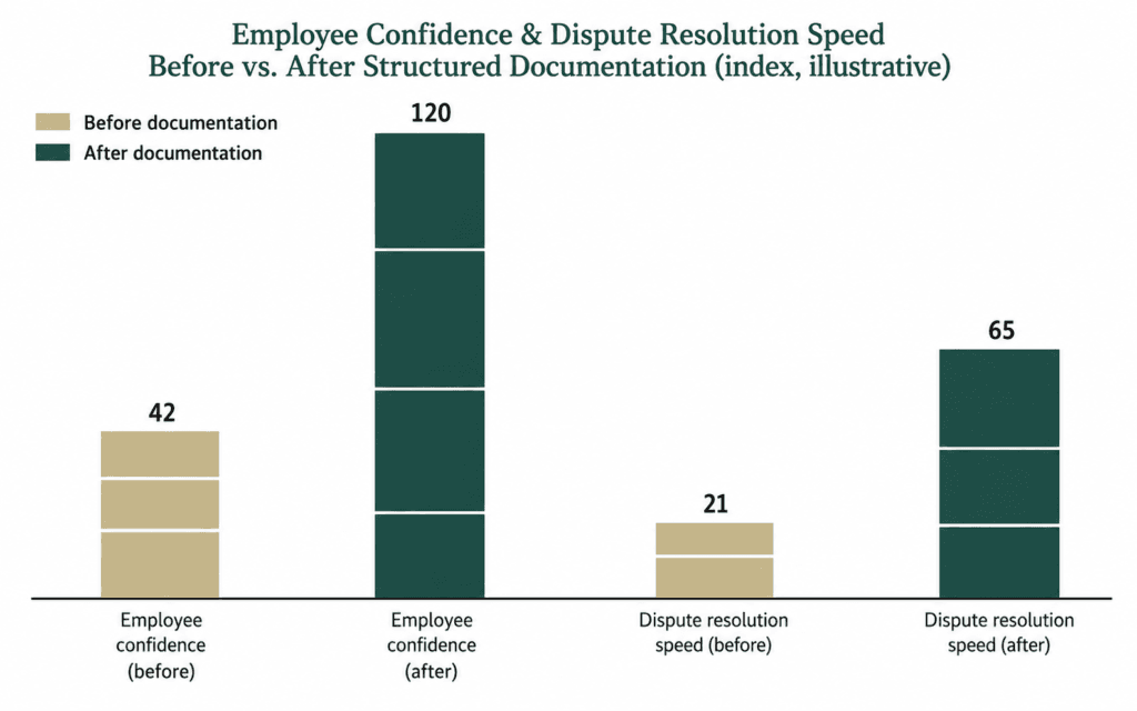Employee Confidence & Dispute Resolution Speed
Before vs. After Structured Documentation